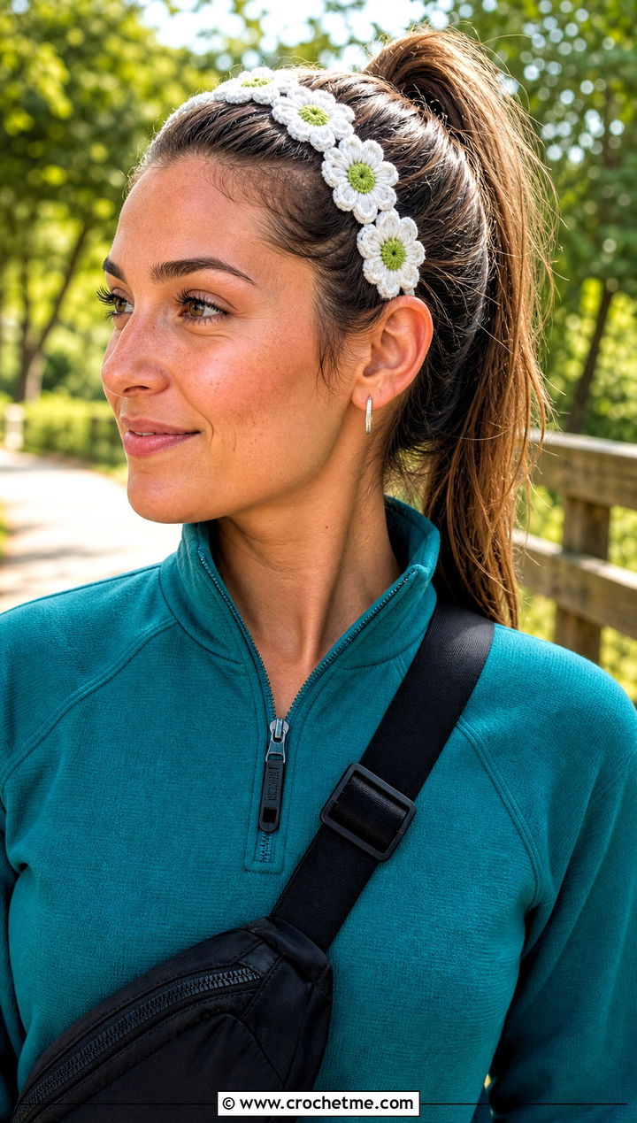 White Mini Bloom Crocheted Flower Headband With Athleisure - 15 white crocheted flower headband outfit ideas