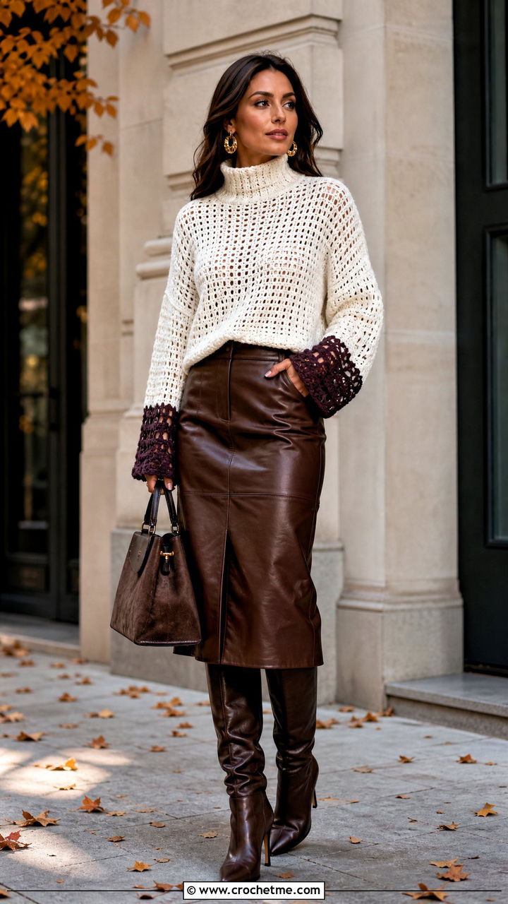 White Mock Neck Crochet Sweater With Leather Midi Skirt - 35 white crochet sweater outfit ideas