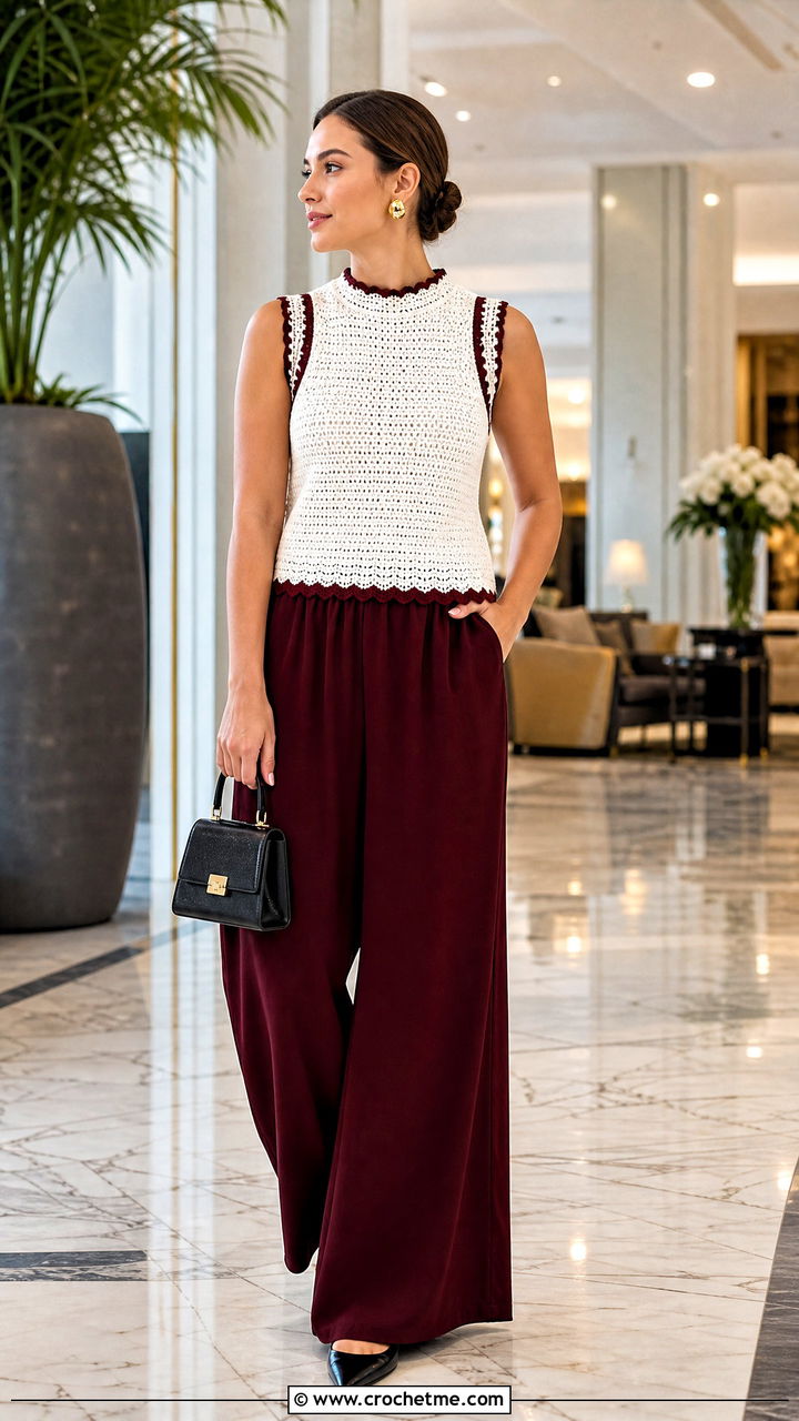 White Mock Neck Crochet Top With Palazzo Pants - 35 white crochet top outfit ideas