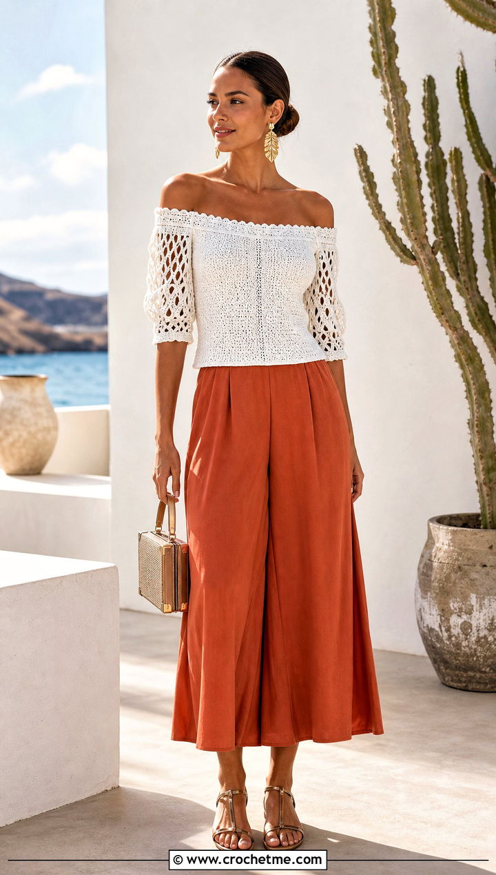 White Off Shoulder Crochet Blouse With Culottes - 15 white crochet blouse outfit ideas