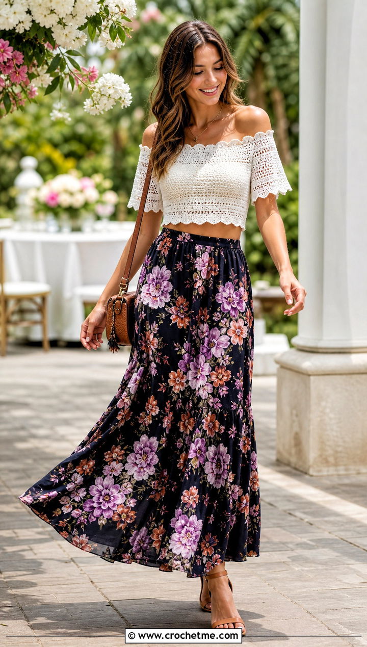 White Off Shoulder Crochet Crop Top With Floral Maxi Skirt - 30 white crochet crop top outfit ideas