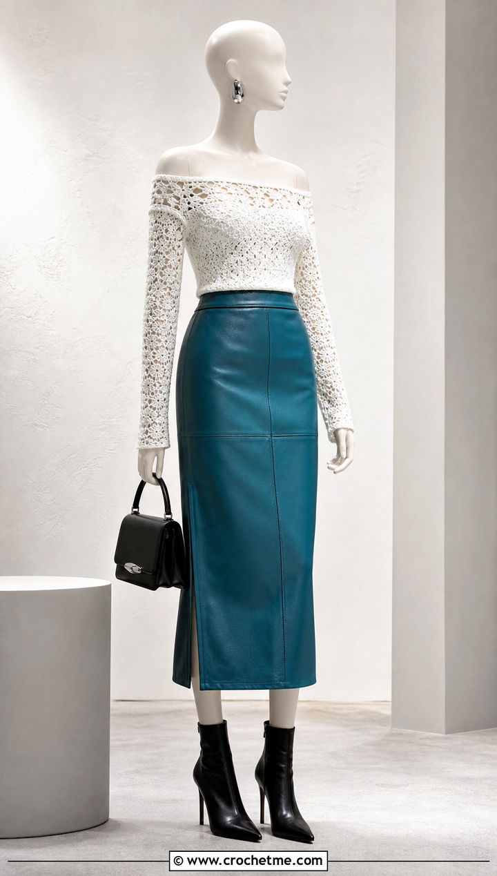 White Off Shoulder Crochet Top With Leather Midi Skirt - 15 white crochet top on mannequin outfit ideas