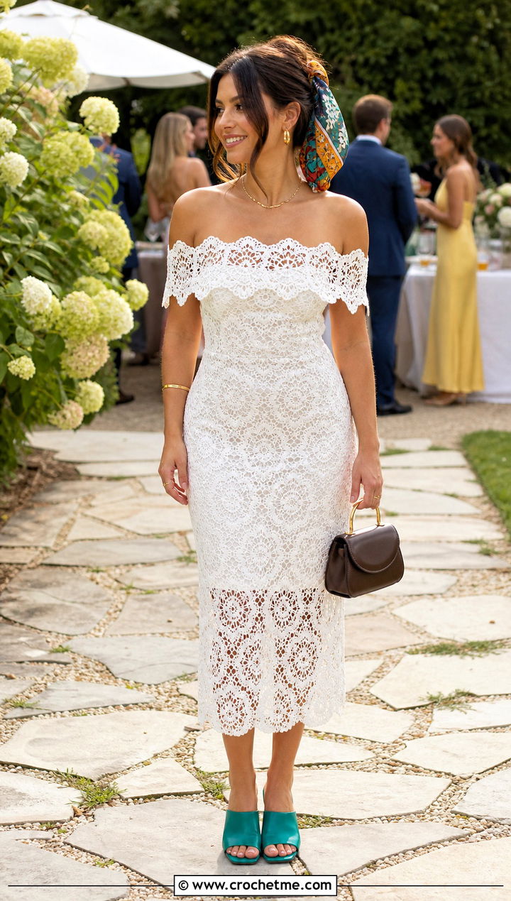 White Off Shoulder Lace Crochet Dress With Silk Scarf - 15 white lace crochet dress outfit ideas
