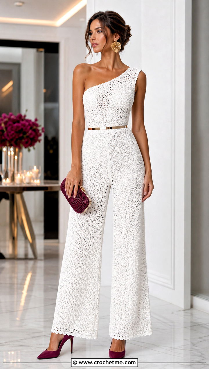 White One Shoulder Crochet Jumpsuit With Plum Heels - 15 white crochet jumpsuit outfit ideas