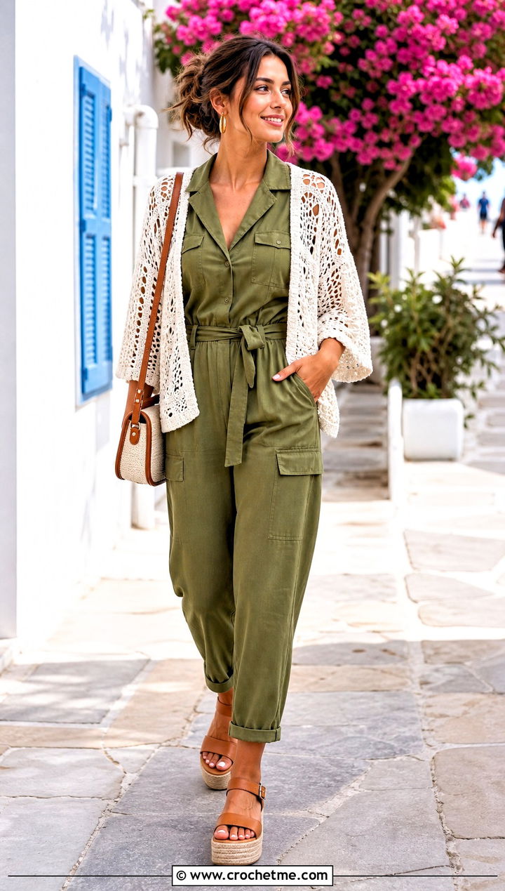 White Open Front Crochet Shrug With Utility Jumpsuit - 30 White Crochet Shrug outfit ideas