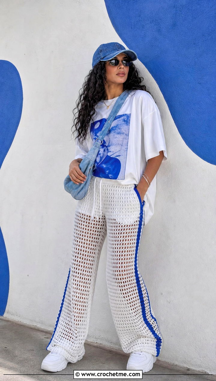 White Open Knit Crochet Pants With Graphic T Shirt - 35 white crochet pants outfit ideas
