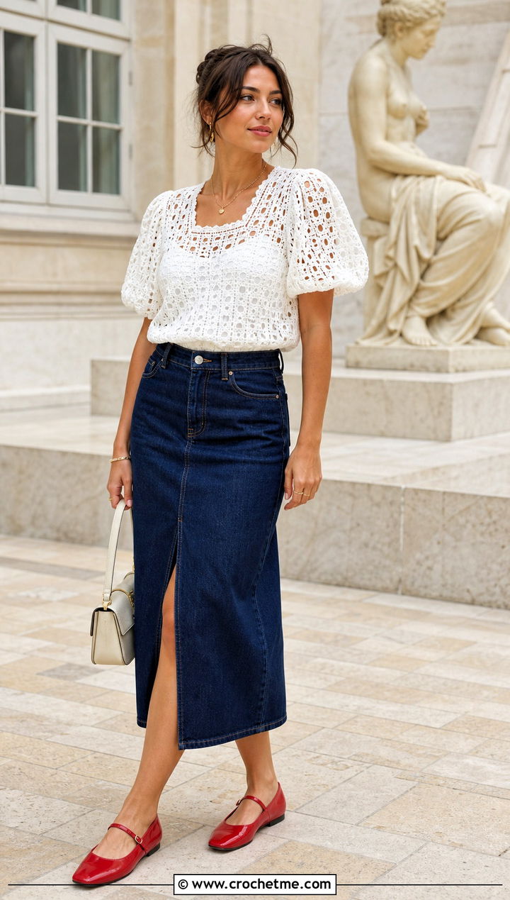 White Openwork Puff Sleeve Crochet Blouse With Denim Skirt - 15 white crochet blouse design outfit ideas