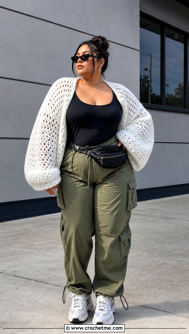 White Oversized Crochet Shrug With Cargo Pants - 30 White Crochet Shrug outfit ideas