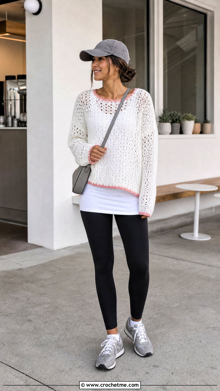 White Oversized Crochet Sweater With Leggings - 35 white crochet sweater outfit ideas
