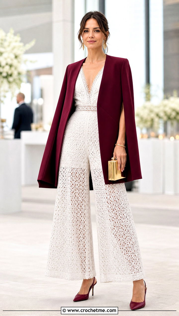 White Palazzo Crochet Jumpsuit With Tailored Cape - 15 white crochet jumpsuit outfit ideas