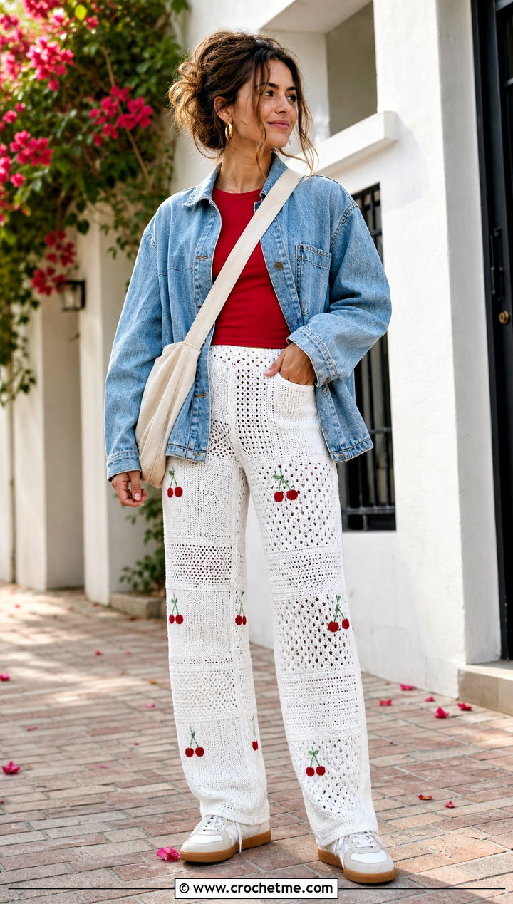 White Patchwork Crochet Pants With Chore Jacket - 35 white crochet pants outfit ideas