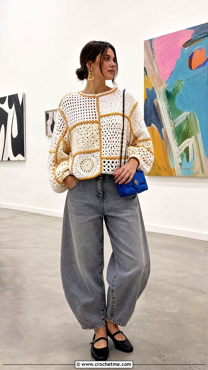 White Patchwork Crochet Sweater With Barrel Jeans - 35 white crochet sweater outfit ideas