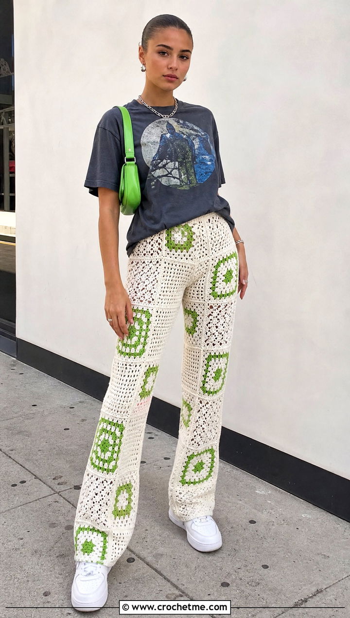 White Patchwork Crochet Trousers With Graphic T Shirt - 25 White Crochet Trousers outfit ideas