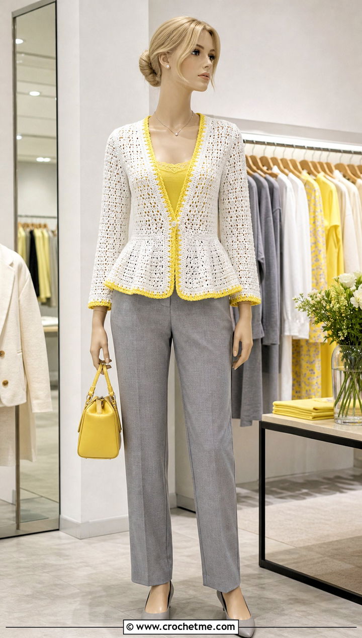 White Peplum Crochet Cardigan With Straight Leg Pants - 15 White Crochet Cardigan On Mannequin outfit ideas