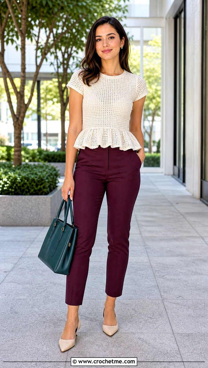 White Peplum Crochet Crop Top With Slim Ankle Pants - 30 white crochet crop top outfit ideas