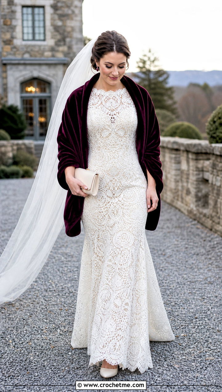 White Pineapple Lace Crochet Wedding Dress With Plum Velvet Wrap - 25 white crochet wedding dress outfit ideas