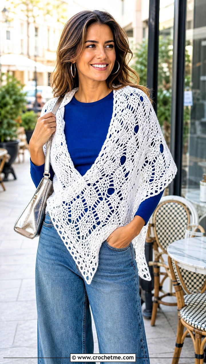 White Pineapple Lace Triangle Shawl With Wide Leg Jeans - 15 White Crocheted Shawl With Intricate outfit ideas