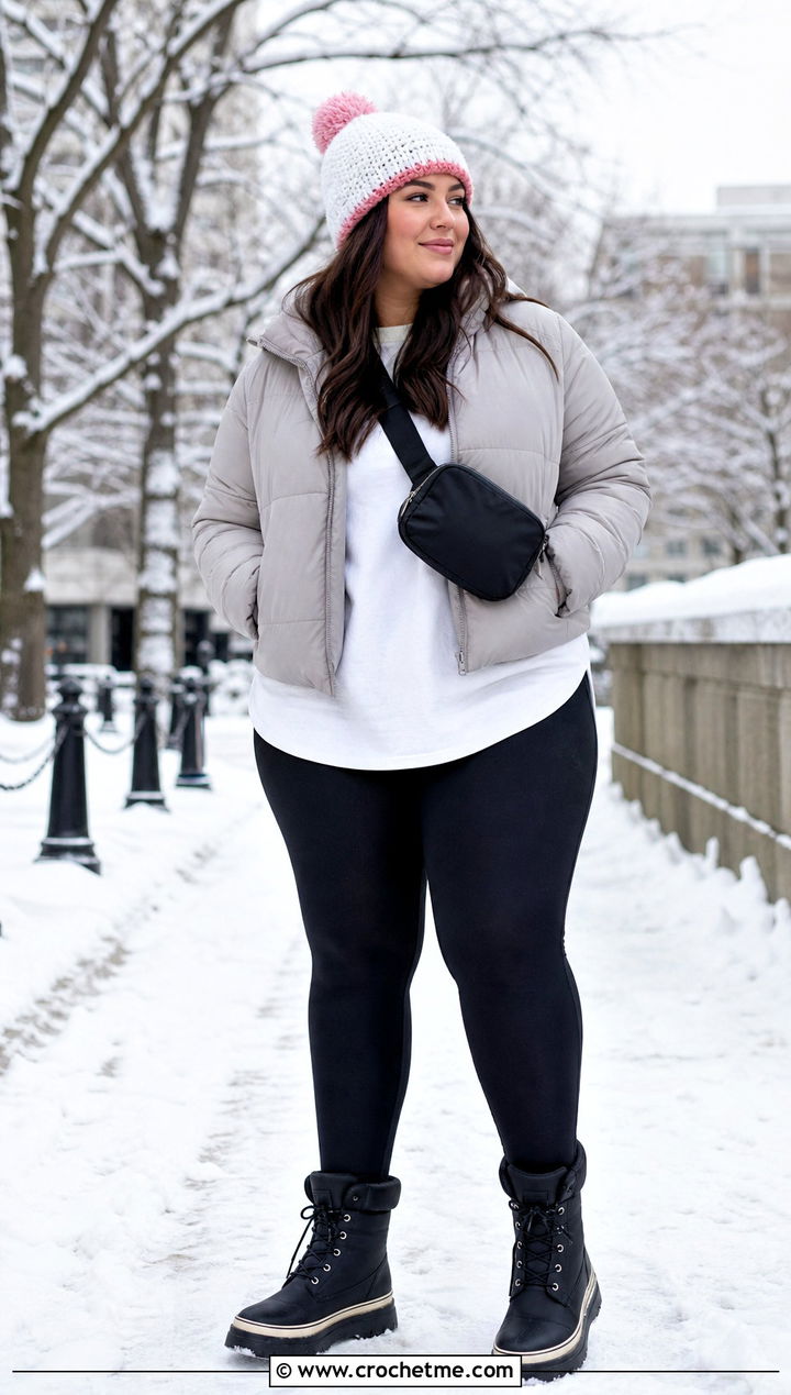 White Pom Pom Beanie With Puffer And Leggings - 35 white crochet beanie outfit ideas
