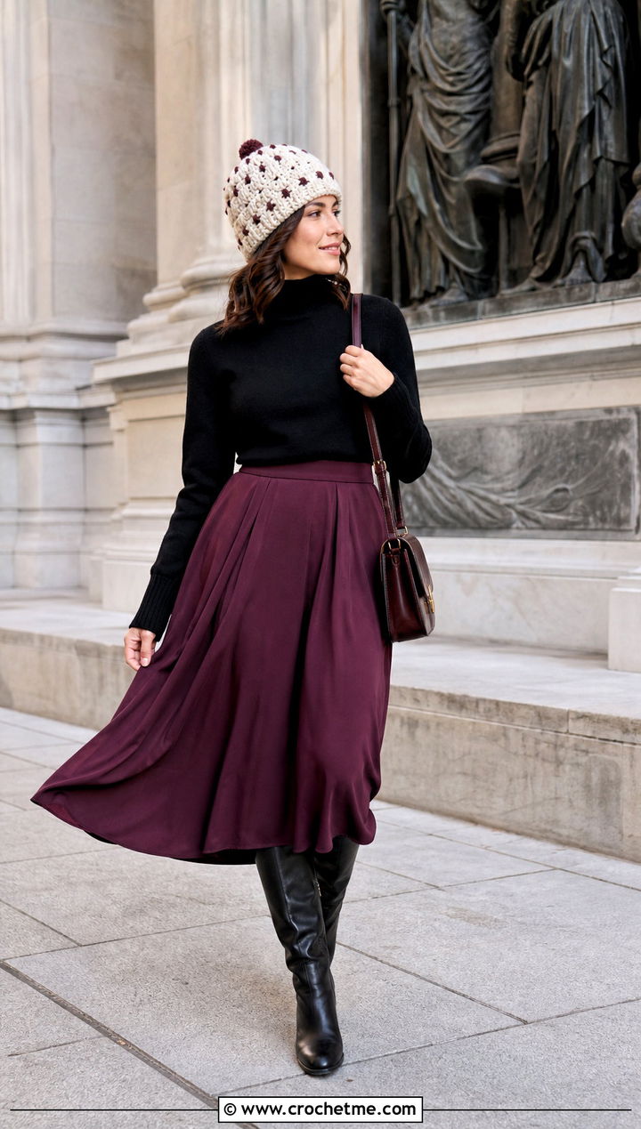 White Puff Stitch Beanie With Midi Skirt - 35 white crochet beanie outfit ideas
