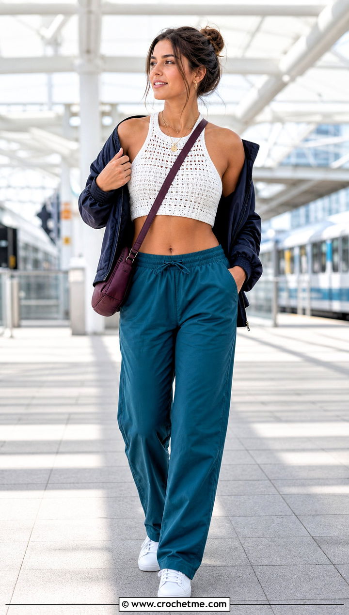 White Racerback Crochet Crop Top With Track Pants - 30 white crochet crop top outfit ideas