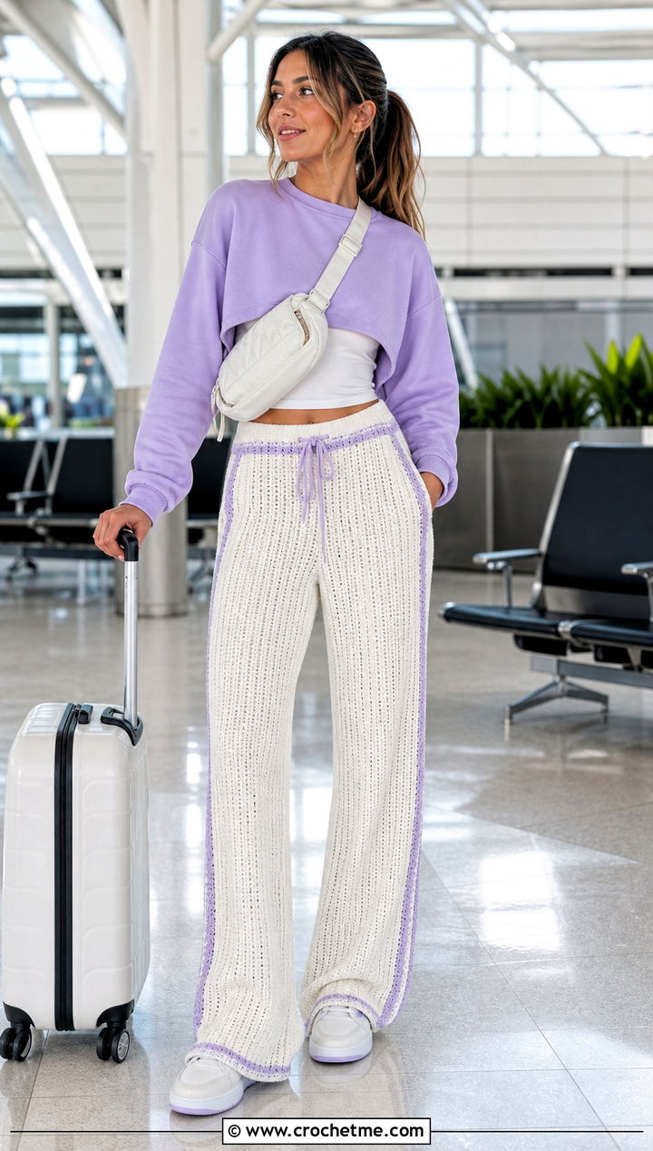 White Ribbed Crochet Trousers With Cropped Sweatshirt - 25 White Crochet Trousers outfit ideas