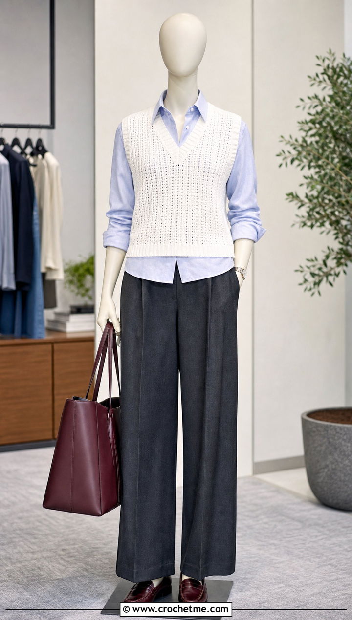 White Ribbed Crochet Vest With Shirt And Trousers - 15 white crochet top on mannequin outfit ideas