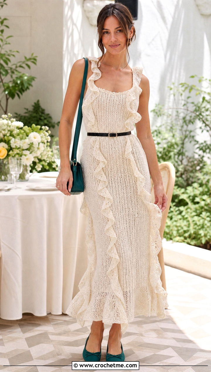 White Ruffle Long Crochet Dress With Ballet Flats - 25 white long crochet dress outfit ideas