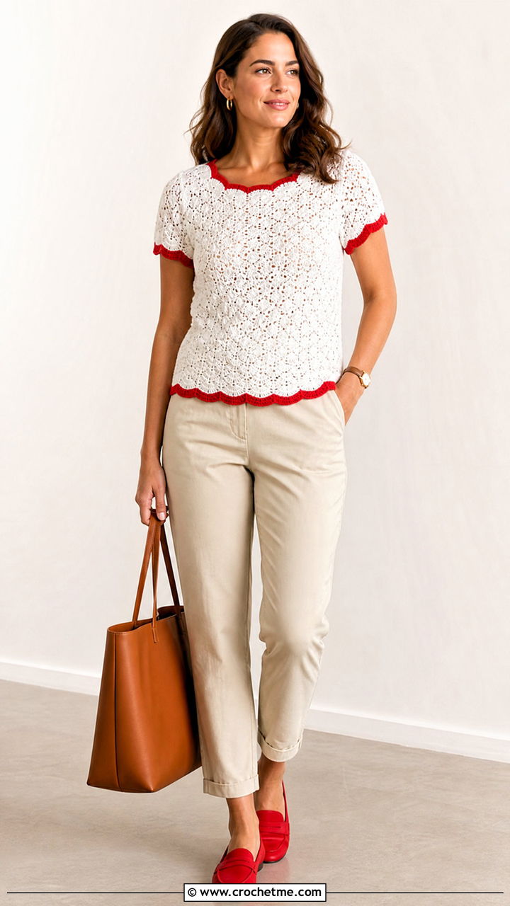 White Scallop Edge Crochet Top With Chino Pants - 35 white crochet top outfit ideas