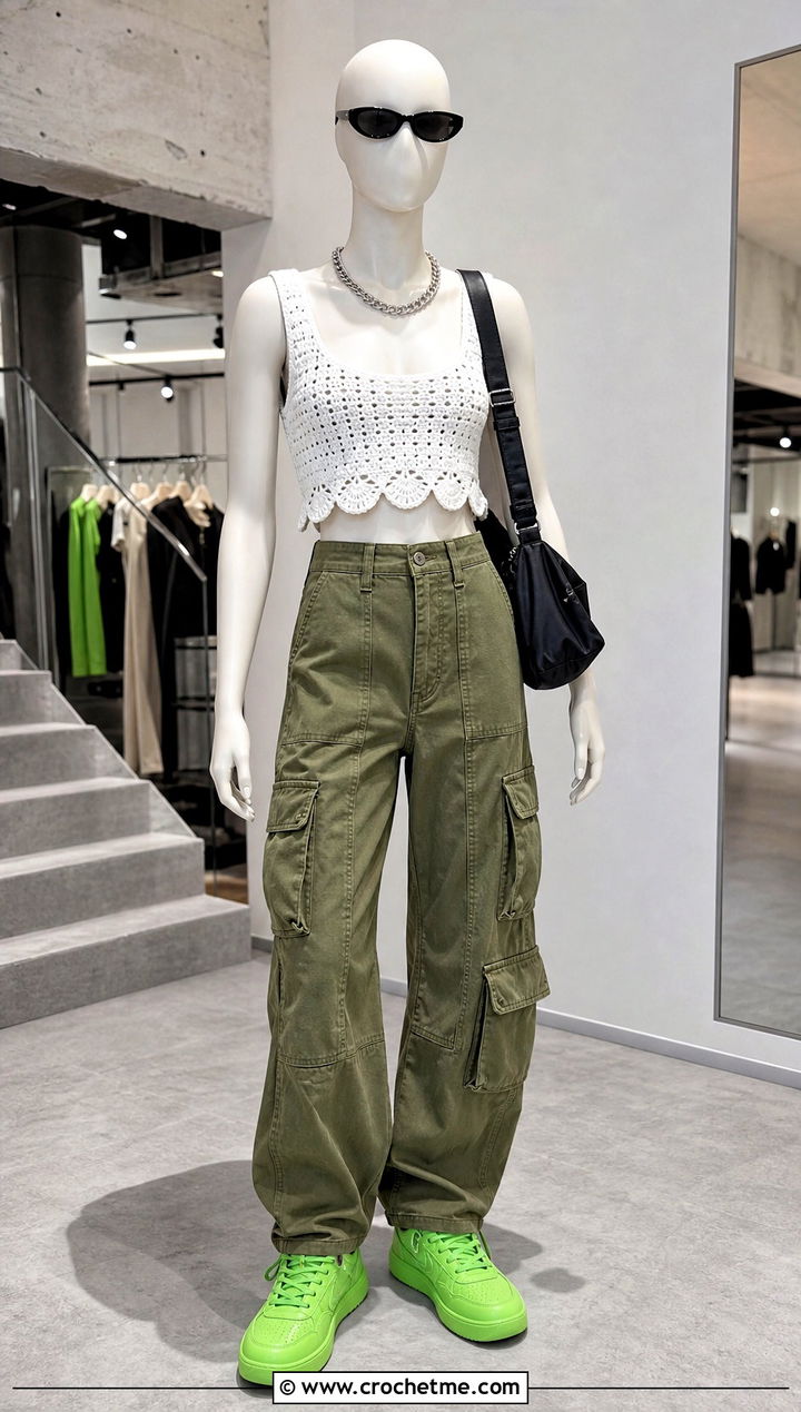 White Scallop Hem Crochet Crop Top With Cargo Pants - 15 white crochet top on mannequin outfit ideas