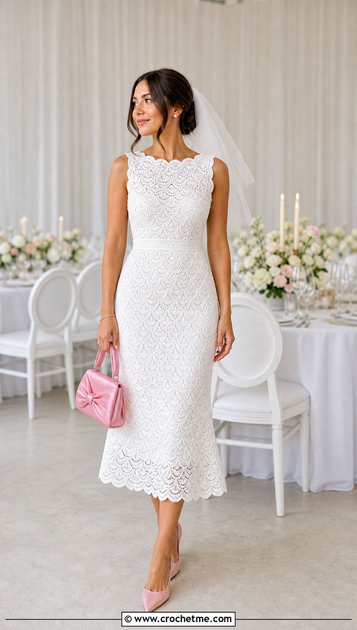 White Scallop Stitch Midi Wedding Dress With Pink Pumps - 25 white crochet wedding dress outfit ideas