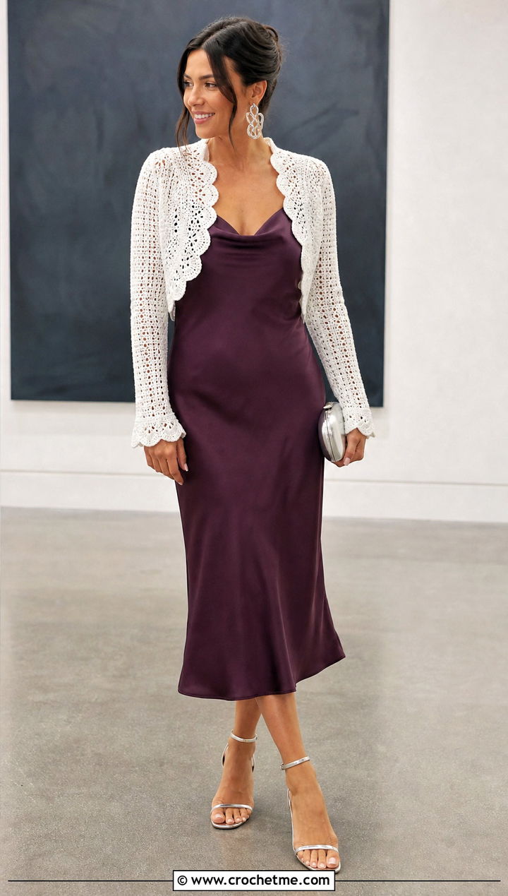 White Scalloped Crochet Shrug With Satin Slip Dress - 30 White Crochet Shrug outfit ideas