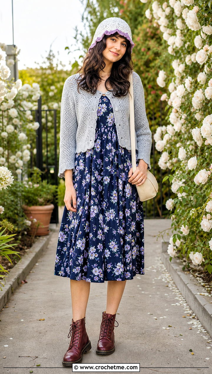 White Scalloped Edge Beanie With Floral Midi Dress - 35 white crochet beanie outfit ideas