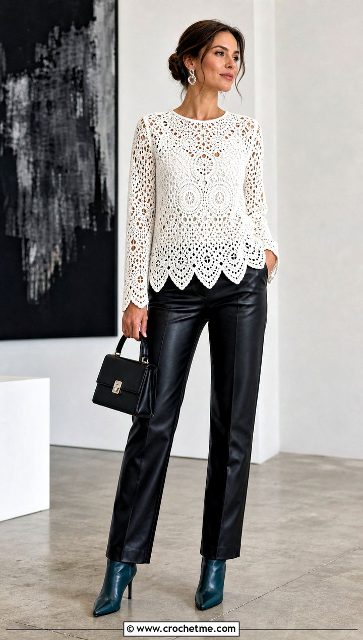 White Scalloped Hem Crochet Blouse With Leather Pants - 15 white crochet blouse design outfit ideas