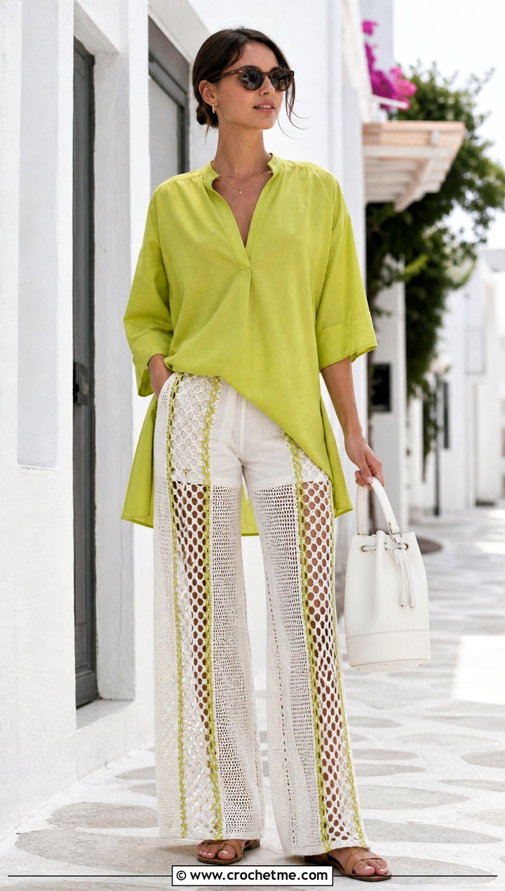 White Sheer Panel Crochet Trousers With Long Tunic - 25 White Crochet Trousers outfit ideas