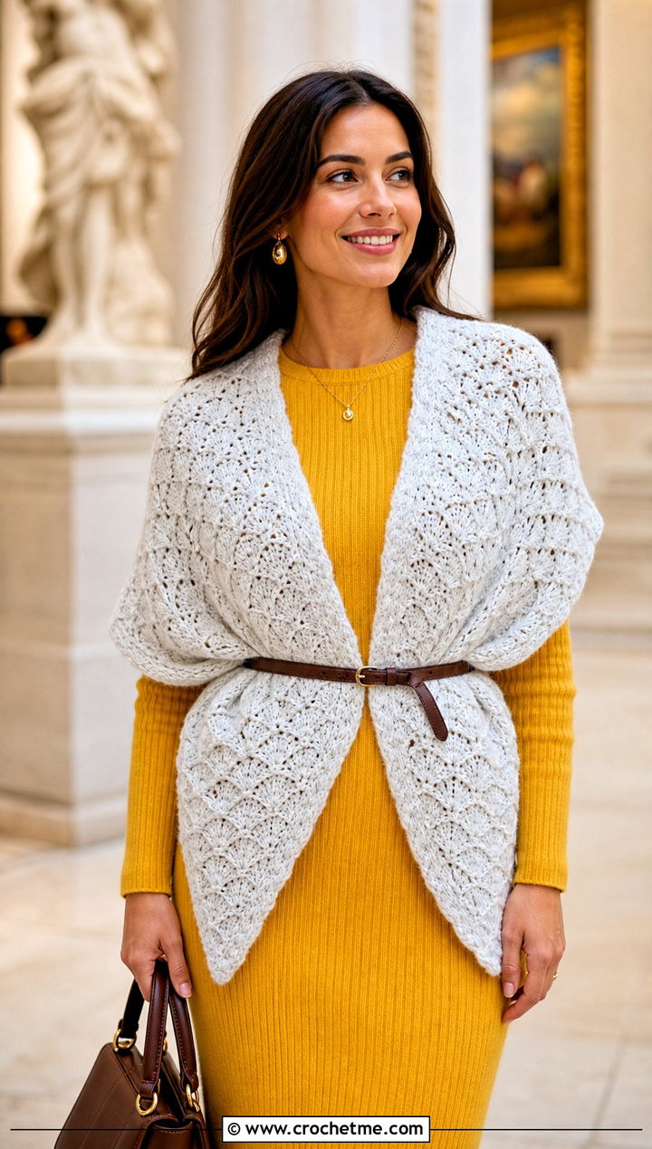 White Shell Stitch Crescent Shawl With Knit Dress - 15 White Crocheted Shawl With Intricate outfit ideas