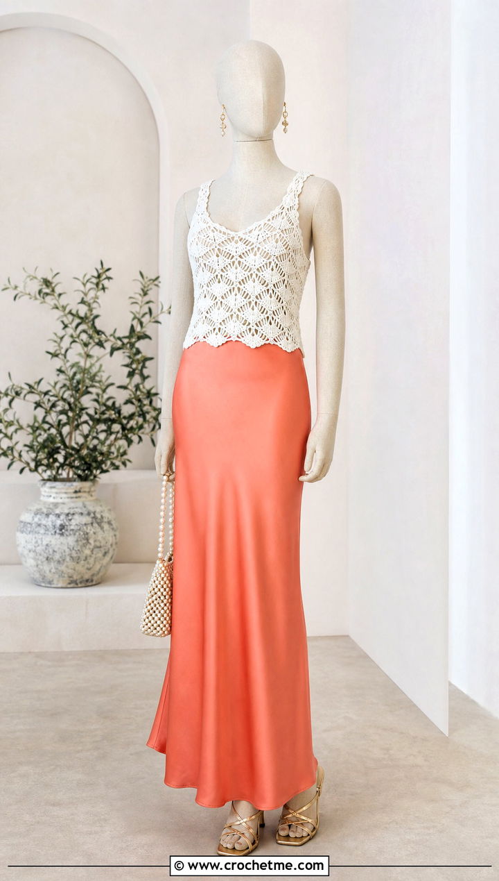 White Shell Stitch Crochet Tank Top With Satin Maxi Skirt - 15 white crochet top on mannequin outfit ideas