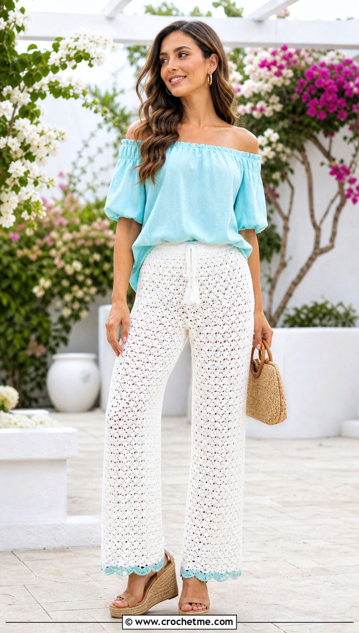 White Shell Stitch Crochet Trousers With Off Shoulder Blouse - 25 White Crochet Trousers outfit ideas