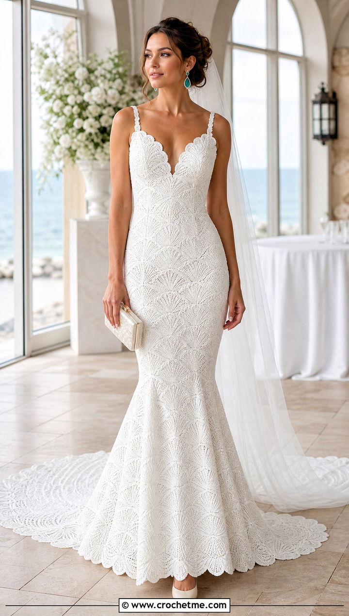 White Shell Stitch Mermaid Wedding Dress With Teal Earrings - 25 white crochet wedding dress outfit ideas