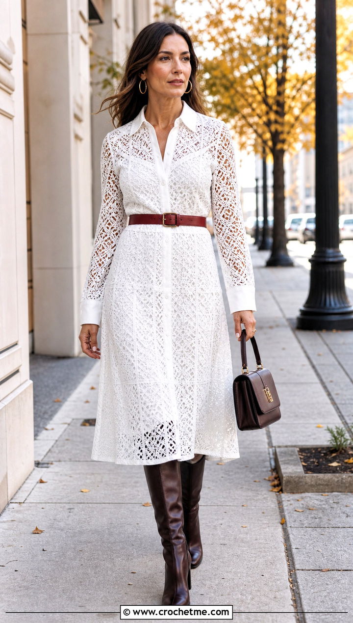 White Shirt Lace Crochet Dress With Belt And Boots - 15 white lace crochet dress outfit ideas
