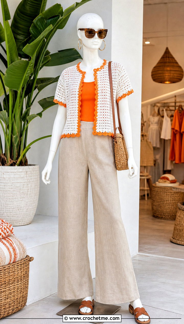 White Short Sleeve Crochet Cardigan With Linen Pants - 15 White Crochet Cardigan On Mannequin outfit ideas