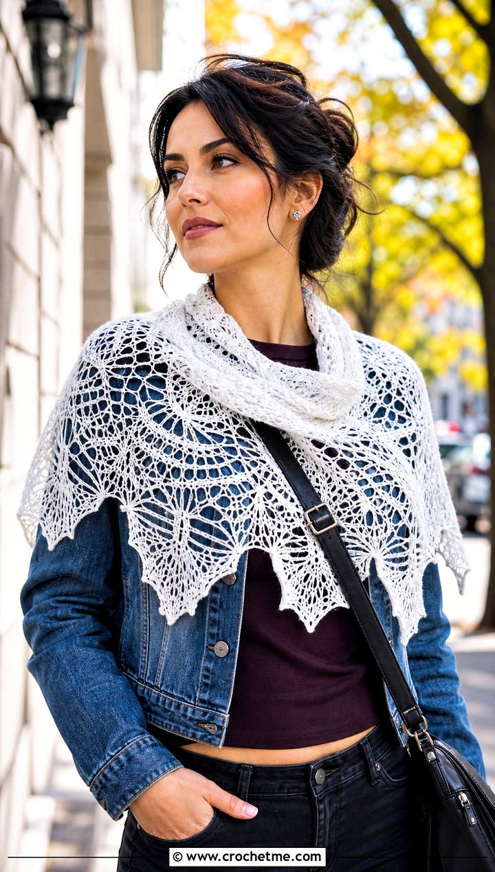 White Spider Lace Semicircle Shawl With Denim Jacket - 15 White Crocheted Shawl With Intricate outfit ideas