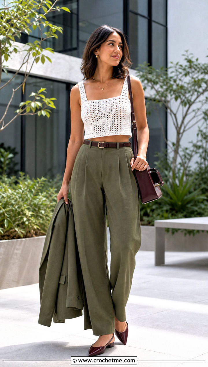 White Square Neck Crochet Crop Top With Pleated Trousers - 30 white crochet crop top outfit ideas