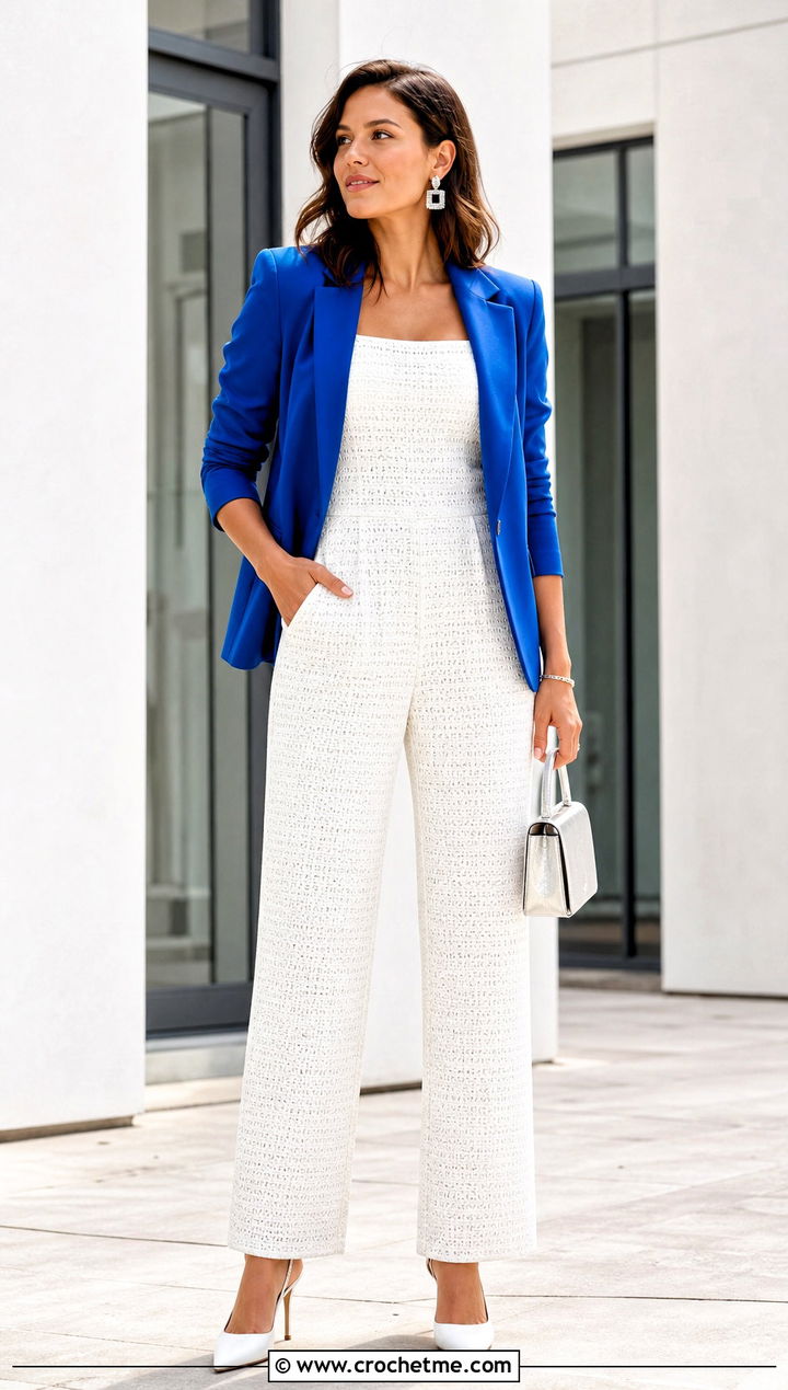 White Square Neck Crochet Jumpsuit With Cobalt Blazer - 15 white crochet jumpsuit outfit ideas