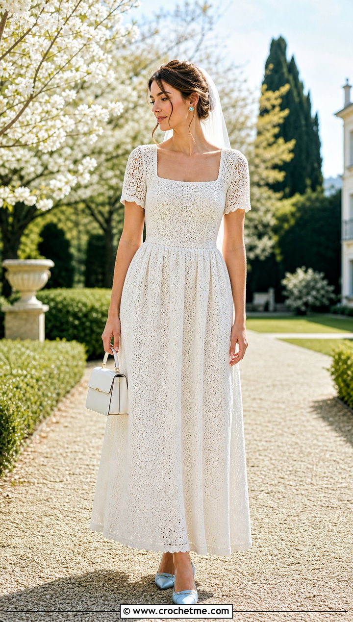 White Square Neck Crochet Wedding Dress With Blue Satin Shoes - 25 white crochet wedding dress outfit ideas