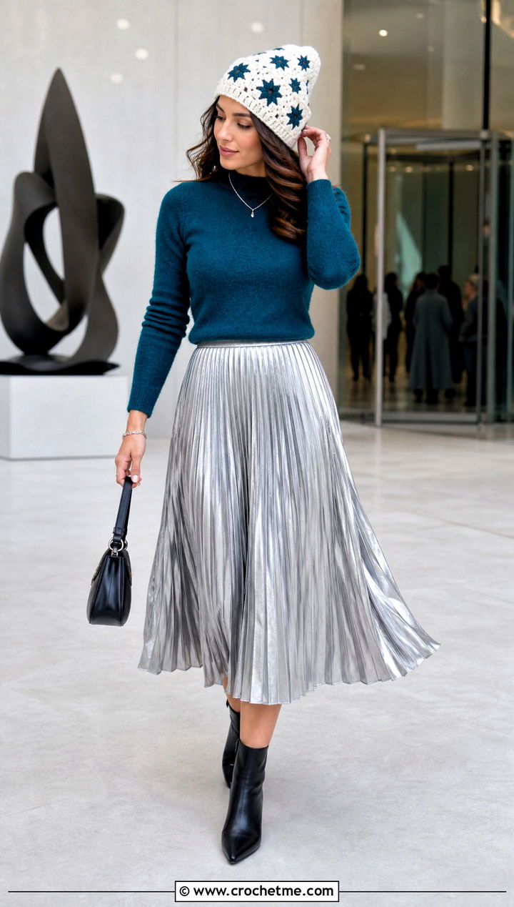 White Star Stitch Beanie With Metallic Skirt And Knit Top - 35 white crochet beanie outfit ideas