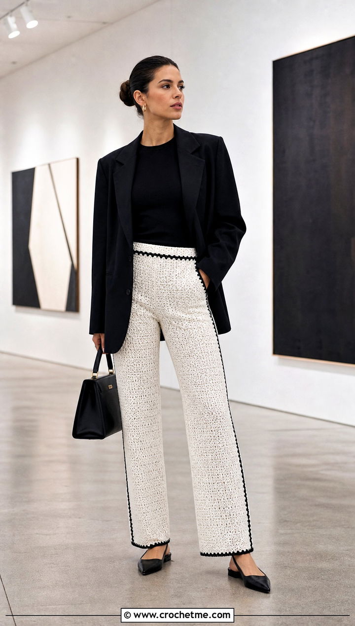 White Straight Leg Crochet Pants With Black Blazer - 35 white crochet pants outfit ideas