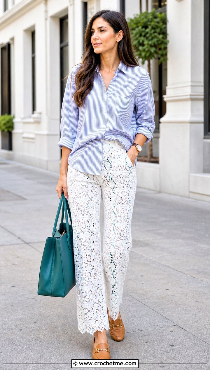 White Straight Leg Lace Crochet Trousers With Striped Shirt - 25 White Crochet Trousers outfit ideas