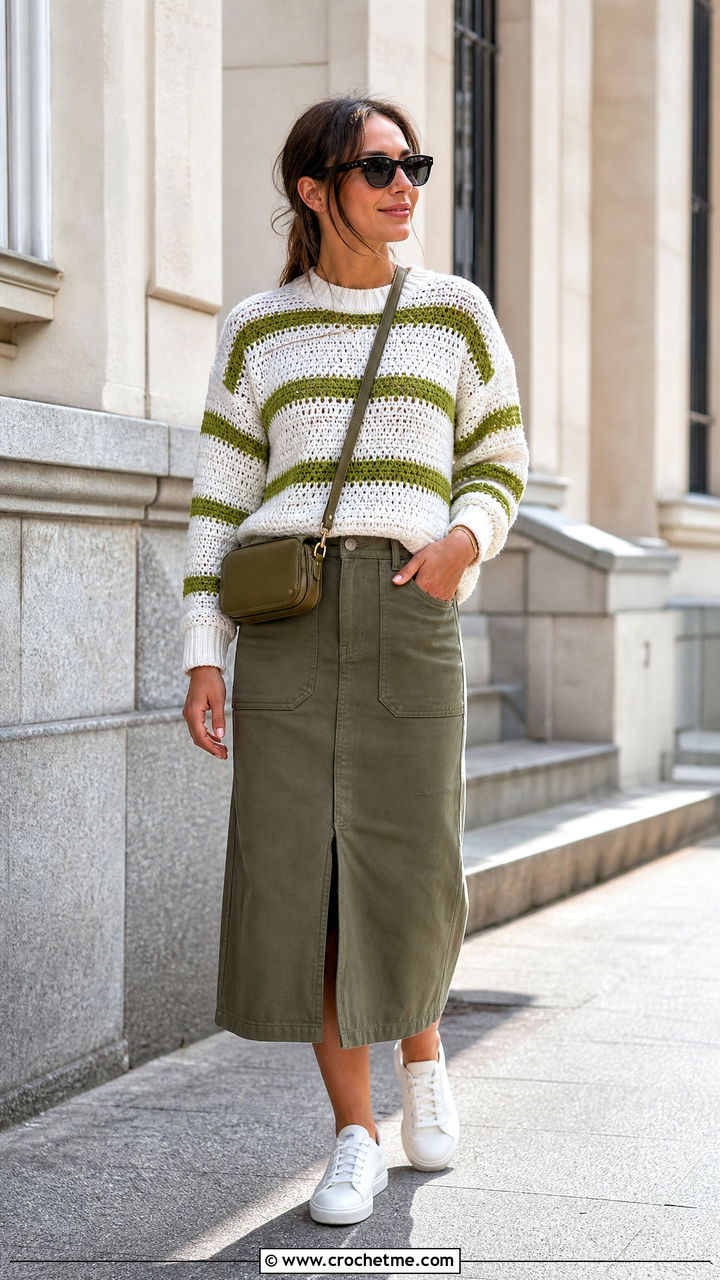 White Striped Crochet Sweater With Utility Skirt - 35 white crochet sweater outfit ideas