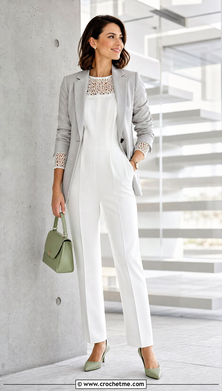 White Tailored Crochet Panel Jumpsuit With Blazer - 15 white crochet jumpsuit outfit ideas