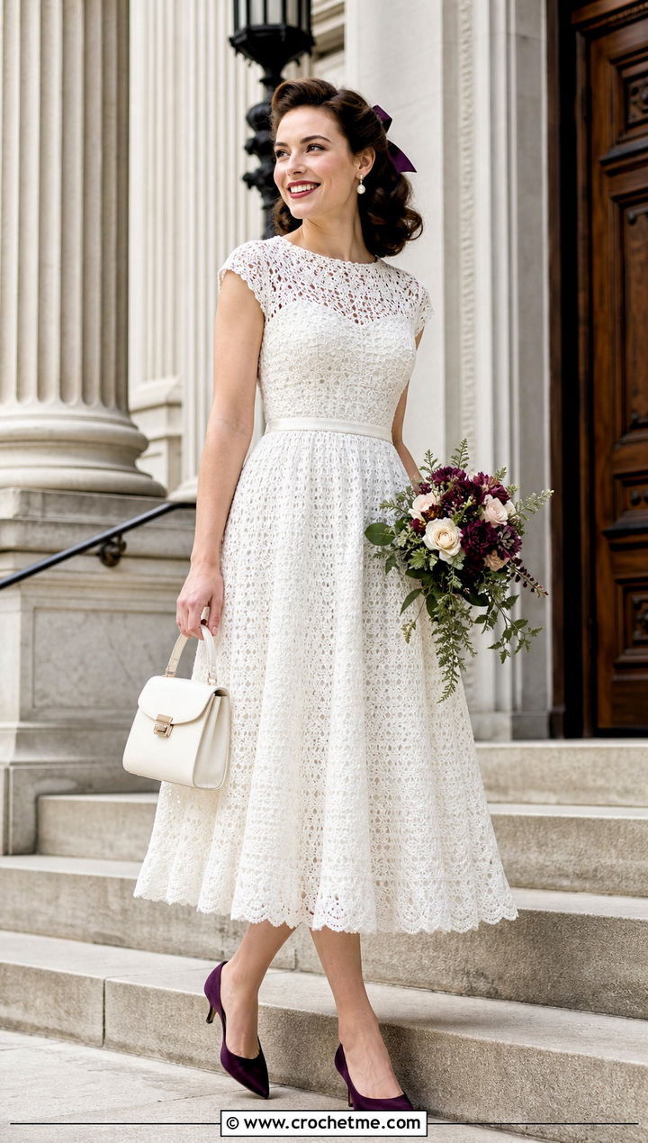 White Tea Length Crochet Wedding Dress With Plum Kitten Heels - 25 white crochet wedding dress outfit ideas